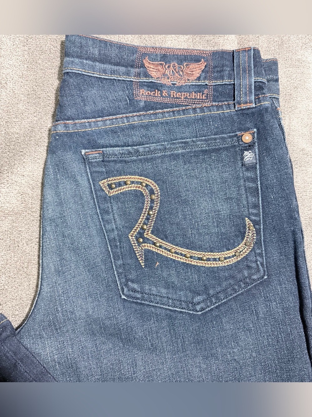 Rock & Republic Henlee Button Fly Bootcut Jeans Sz 34 Dark, Gold Embroidery Y2K